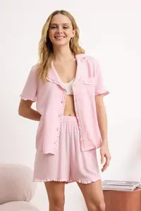 TRENDYOLMİLLA Pink Plaid Ruffle Detailed Viscose Weaving Pajama Set
