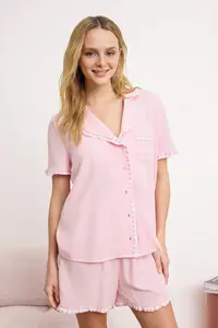 TRENDYOLMİLLA Pink Plaid Ruffle Detailed Viscose Weaving Pajama Set - Image 2