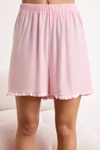 TRENDYOLMİLLA Pink Plaid Ruffle Detailed Viscose Weaving Pajama Set - Image 3