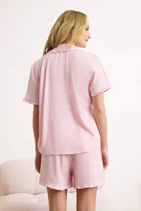 TRENDYOLMİLLA Pink Plaid Ruffle Detailed Viscose Weaving Pajama Set - Image 4