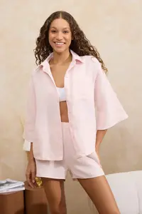 TRENDYOLMİLLA Powder Pink 100% Cotton Muslin Material OF shorts Weaving Pajama Set - Image 4