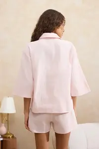 TRENDYOLMİLLA Powder Pink 100% Cotton Muslin Material OF shorts Weaving Pajama Set - Image 6
