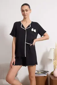TRENDYOLMİLLA Black Ruffle, Ribbon/Bow and Piping Detailed Viscose Weaving Pajama Set - Image 3