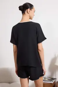 TRENDYOLMİLLA Black Ruffle, Ribbon/Bow and Piping Detailed Viscose Weaving Pajama Set - Image 6