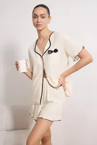 TRENDYOLMİLLA Ecru Ruffle, Ribbon/Bow and Piping Detailed Viscose Weaving Pajama Set - Image 2
