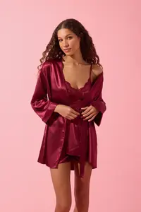 TRENDYOLMİLLA Burgundy Satin Lace Detailed 4 Sets Dowry Set Weaving Pajama Set- Panties-Robe