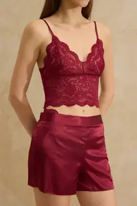 TRENDYOLMİLLA Burgundy Satin Lace Detailed 4 Sets Dowry Set Weaving Pajama Set- Panties-Robe - Image 6