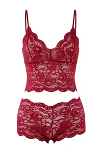 TRENDYOLMİLLA Burgundy Satin Lace Detailed 4 Sets Dowry Set Weaving Pajama Set- Panties-Robe - Image 9