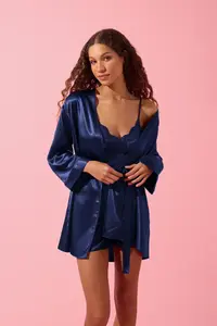 TRENDYOLMİLLA Navy Blue Satin Lace Detailed 4 Sets Dowry Set Weaving Pajama Set- Panties-Robe