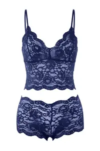 TRENDYOLMİLLA Navy Blue Satin Lace Detailed 4 Sets Dowry Set Weaving Pajama Set- Panties-Robe - Image 7