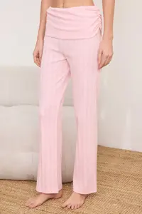 TRENDYOLMİLLA Light Pink 100% Cotton Waist Detailed Ribbed/Pointel Knitting Pajama Set - Image 3
