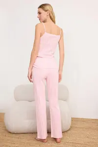 TRENDYOLMİLLA Light Pink 100% Cotton Waist Detailed Ribbed/Pointel Knitting Pajama Set - Image 4