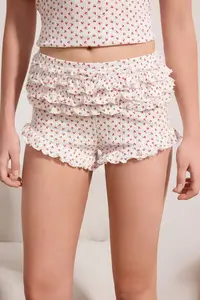 TRENDYOLMİLLA White 100% Cotton Cherry Frilly Ribbed/Pointel Knitting Pajama Set - Image 3