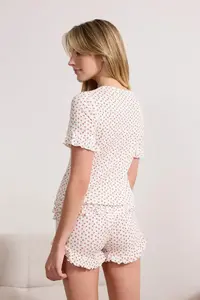 TRENDYOLMİLLA White 100% Cotton Cherry Frilly Ribbed/Pointel Knitting Pajama Set - Image 4