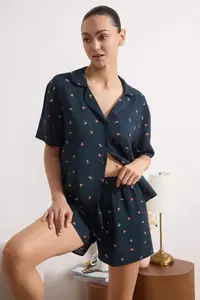TRENDYOLMİLLA Navy Blue Floral and Ribbon/Bow Patterned Viscose Weaving Pajama Set - Image 4