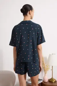 TRENDYOLMİLLA Navy Blue Floral and Ribbon/Bow Patterned Viscose Weaving Pajama Set - Image 6