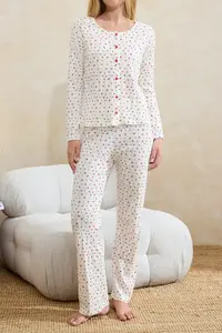 TRENDYOLMİLLA White 3 Sets 100% Cotton Floral Lace Ribbed/Pointel Knitting Pajama Set - Image 3