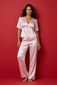 TRENDYOLMİLLA Powder Pink Shirred Binding Detailed Satin Weaving Pajama Set