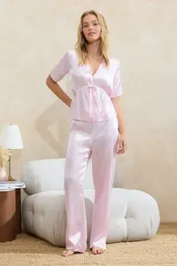 TRENDYOLMİLLA Powder Pink Shirred Binding Detailed Satin Weaving Pajama Set - Image 3