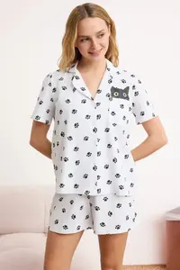 TRENDYOLMİLLA Black-White 100% Cotton Cat and Paw Patterned Knitting Pajama Set