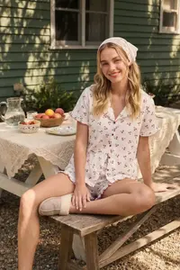 TRENDYOLMİLLA Ecru 100% Cotton Cherry and Polka Dot Patterned Frilly Muslin Weaving Pajama Set