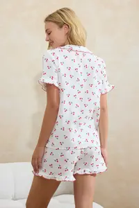 TRENDYOLMİLLA Ecru 100% Cotton Cherry and Polka Dot Patterned Frilly Muslin Weaving Pajama Set - Image 6