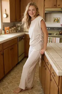 TRENDYOLMİLLA Beige Melange Cotton Shirring Binding Detailed Knitting Pajama Set