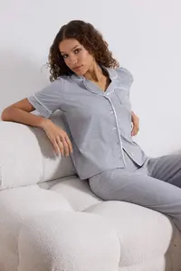 TRENDYOLMİLLA Gray Melange Piped Pocket Detail Viscose Knitting Pajama Set - Image 2
