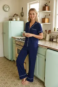 TRENDYOLMİLLA Navy Blue Piped Pocket Detail Viscose Knitting Pajama Set - Image 2