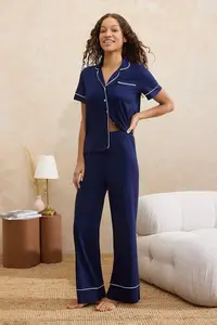 TRENDYOLMİLLA Navy Blue Piped Pocket Detail Viscose Knitting Pajama Set - Image 3