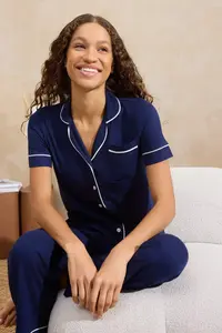 TRENDYOLMİLLA Navy Blue Piped Pocket Detail Viscose Knitting Pajama Set - Image 4