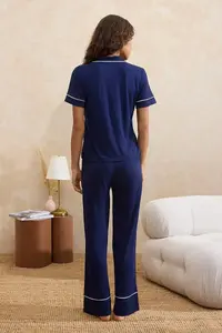 TRENDYOLMİLLA Navy Blue Piped Pocket Detail Viscose Knitting Pajama Set - Image 6