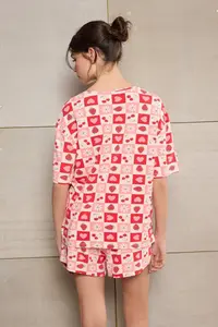 TRENDYOLMİLLA Teen Pink-Multicolored 100% Cotton Heart and Fruit Printed Knitting Pajama Set - Image 4