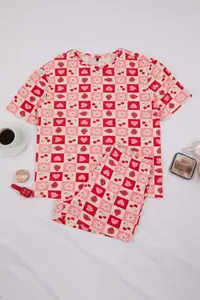 TRENDYOLMİLLA Teen Pink-Multicolored 100% Cotton Heart and Fruit Printed Knitting Pajama Set - Image 5