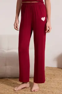 TRENDYOLMİLLA Burgundy Heart Embroidered Collar Viscose Knitting Pajama Set - Image 3