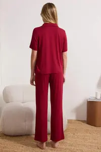 TRENDYOLMİLLA Burgundy Heart Embroidered Collar Viscose Knitting Pajama Set - Image 4