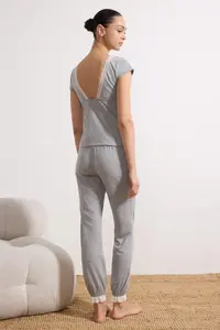 TRENDYOLMİLLA Gray Melange Cotton Lace and Back Detailed Knitting Pajama Set - Image 2