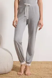 TRENDYOLMİLLA Gray Melange Cotton Lace and Back Detailed Knitting Pajama Set - Image 4