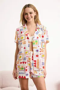 TRENDYOLMİLLA Multicolored Entertainment Printed Viscose OF shorts Weaving Pajama Set