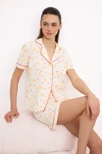 TRENDYOLMİLLA Ecru 100% Cotton Kruvasan Patterned Piped Knitting Pajama Set