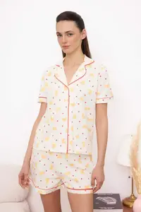 TRENDYOLMİLLA Ecru 100% Cotton Kruvasan Patterned Piped Knitting Pajama Set - Image 2