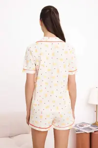 TRENDYOLMİLLA Ecru 100% Cotton Kruvasan Patterned Piped Knitting Pajama Set - Image 4