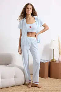 TRENDYOLMİLLA Mavi 3 Sets Checkered Cherry Stripe Detailed Knitting Pajama Set