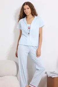 TRENDYOLMİLLA Mavi 3 Sets Checkered Cherry Stripe Detailed Knitting Pajama Set - Image 2