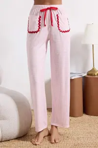 TRENDYOLMİLLA White-Pink Checkered Heart Stripe Detailed Knitting Pajama Set - Image 3