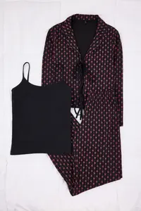 TRENDYOLMİLLA Black 3 Sets Cotton Lycra tied up Ribbon Patterned Knitting Pajama Set - Image 5