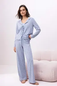 TRENDYOLMİLLA Light Blue Cotton Printed tied up Lycra Combed cotton single jersey Knitting Pajama Set