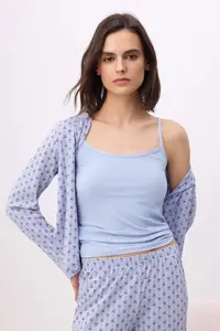 TRENDYOLMİLLA Light Blue Cotton Printed tied up Lycra Combed cotton single jersey Knitting Pajama Set - Image 2