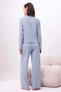TRENDYOLMİLLA Light Blue Cotton Printed tied up Lycra Combed cotton single jersey Knitting Pajama Set - Image 4