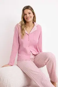 TRENDYOLMİLLA Pink 100% Cotton Striped Shirt Collar with pocket Knitting Pajama Set